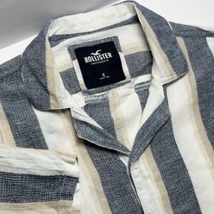 Hollister Mens Shirt S Button Up White Striped Linen Blend Short Sleeve Resort